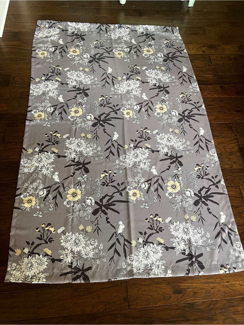 4 Floral Satin Curtain Panels in Gray with Yellow Accents